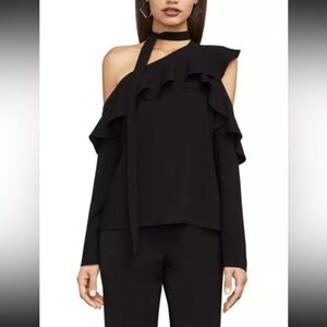 BCBG Max Azria Brand New Black One-Shoulder Ruffle Top, Size S, Without Tags